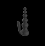 A black anal vibrator with multiple bulbous beads and a curved handle, on a black background.