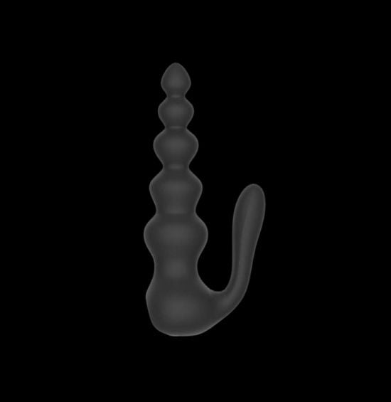 A  medical-grade silicone anal vibrator with a curved handle and bulbous beads, suitable for use with water-based or hybrid lubricant, on a black background.